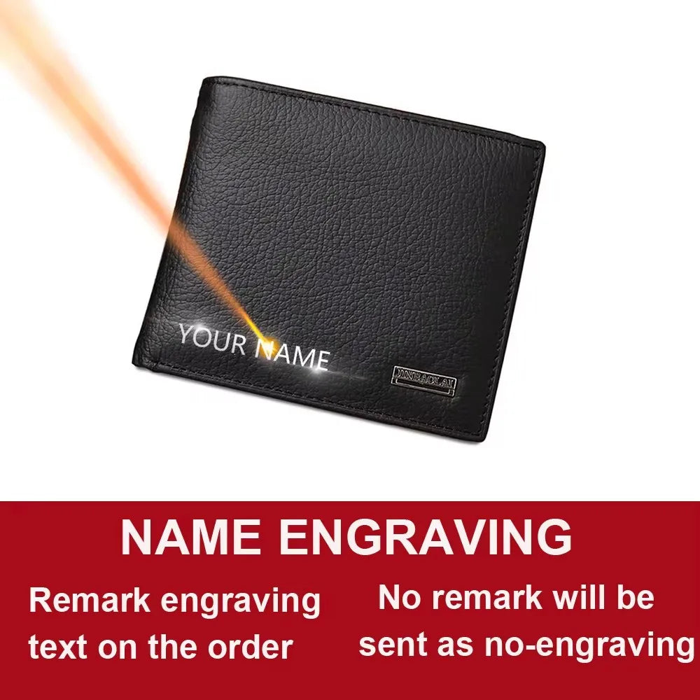Retro Genuine Leather Men's Short Wallet with Name Engraving Card Holder Simple Zipper Coin Pocket Money Clip Male Purses