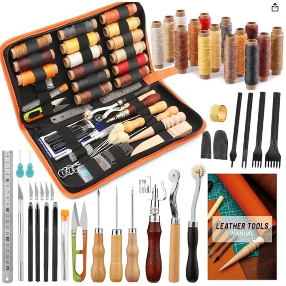 Leather Working Tools Practical Leather Craft Kit with Waxed Thread Groover Awl Stitching Punch Hole for Beginner or Adults Gift