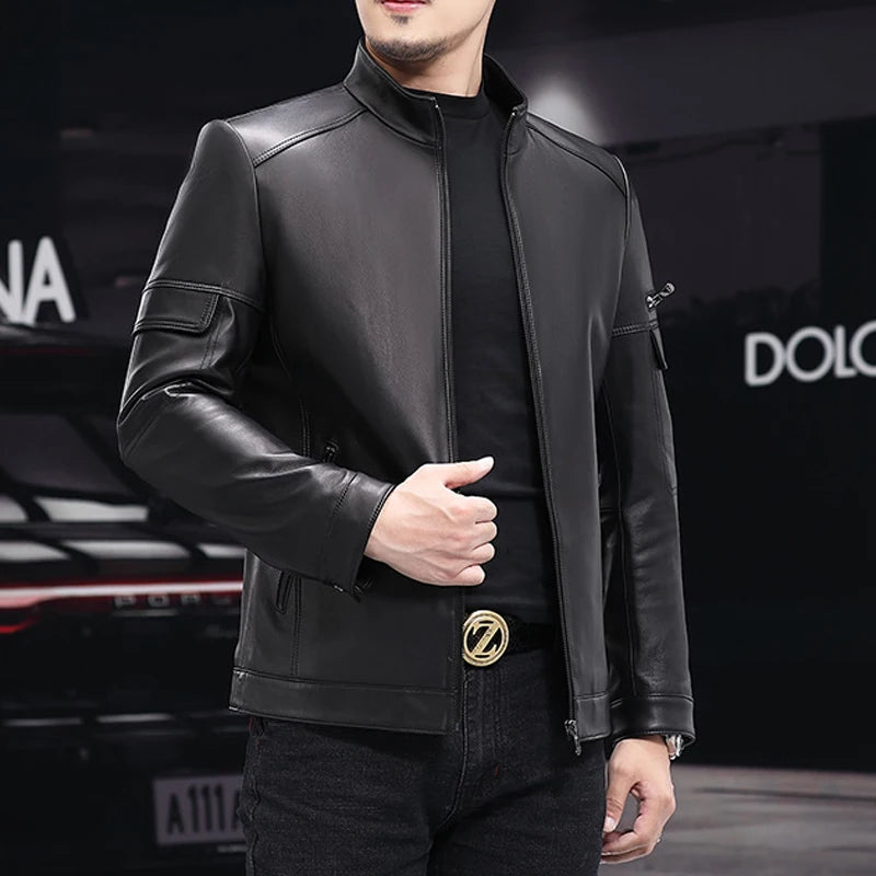 White Leather Jacket For Men 2023 Winter Male Business Simple Standing Collar Short Slim Coat Motorcycle Chaqueta Cuero Hombre