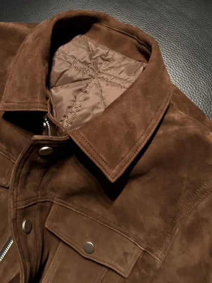 Luxury Mens Real Suede Leather Jacket Autumn Business Work Coat Spring Single Breasted Slim Fit Natural Suede Jacket Outerwear