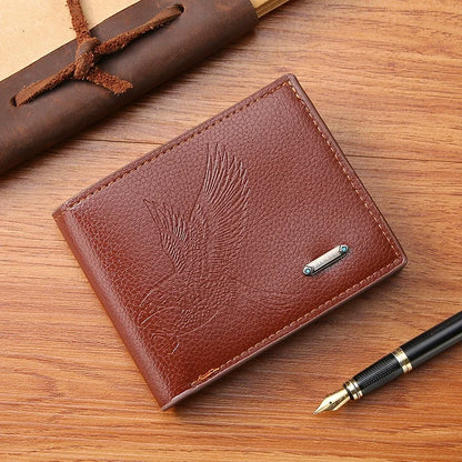 Classic Men's Leather Wallets Slim Minimalist Hawk Pattern Bifold Credit ID Card Holder Wallet Purse Short Thin Money Clip