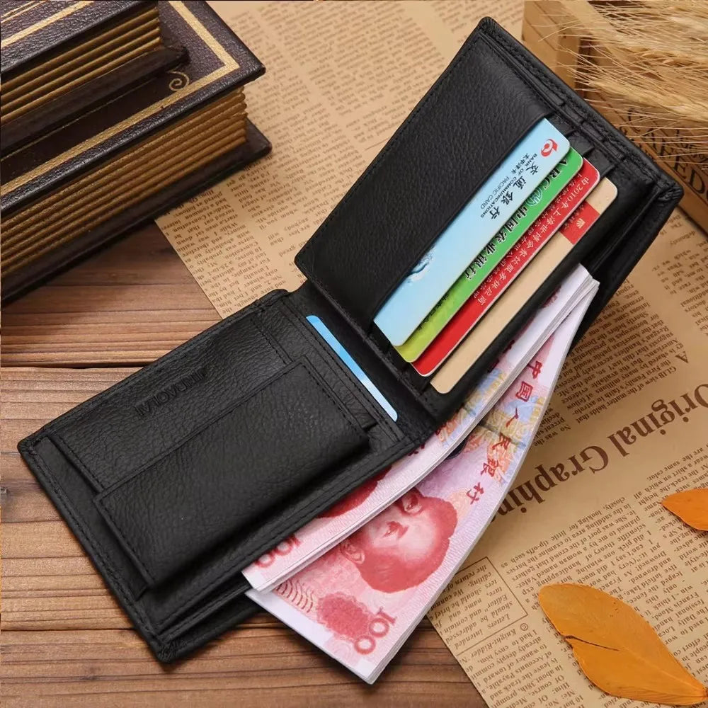 Retro Genuine Leather Men's Short Wallet with Name Engraving Card Holder Simple Zipper Coin Pocket Money Clip Male Purses