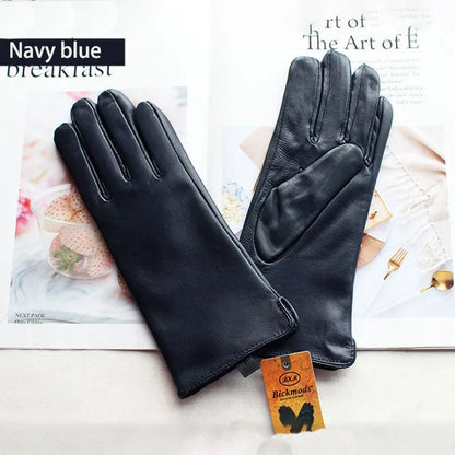 Leather Sheepskin Gloves Women's Autumn Warm Fleece Lining Color Fashion Thin Outdoor Activities Electric Bike Riding Driving