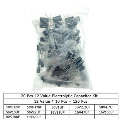 Aluminum Electrolytic Capacitor Assorted Kit 120/200/500PCS Boxed16V/25V/50V  0.1uF-1000uF 1uF 4.7uF 10uF 47uF 220uF 330uF 470uF
