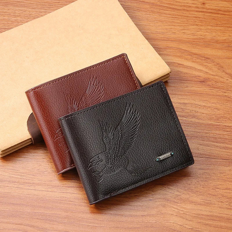Classic Men's Leather Wallets Slim Minimalist Hawk Pattern Bifold Credit ID Card Holder Wallet Purse Short Thin Money Clip