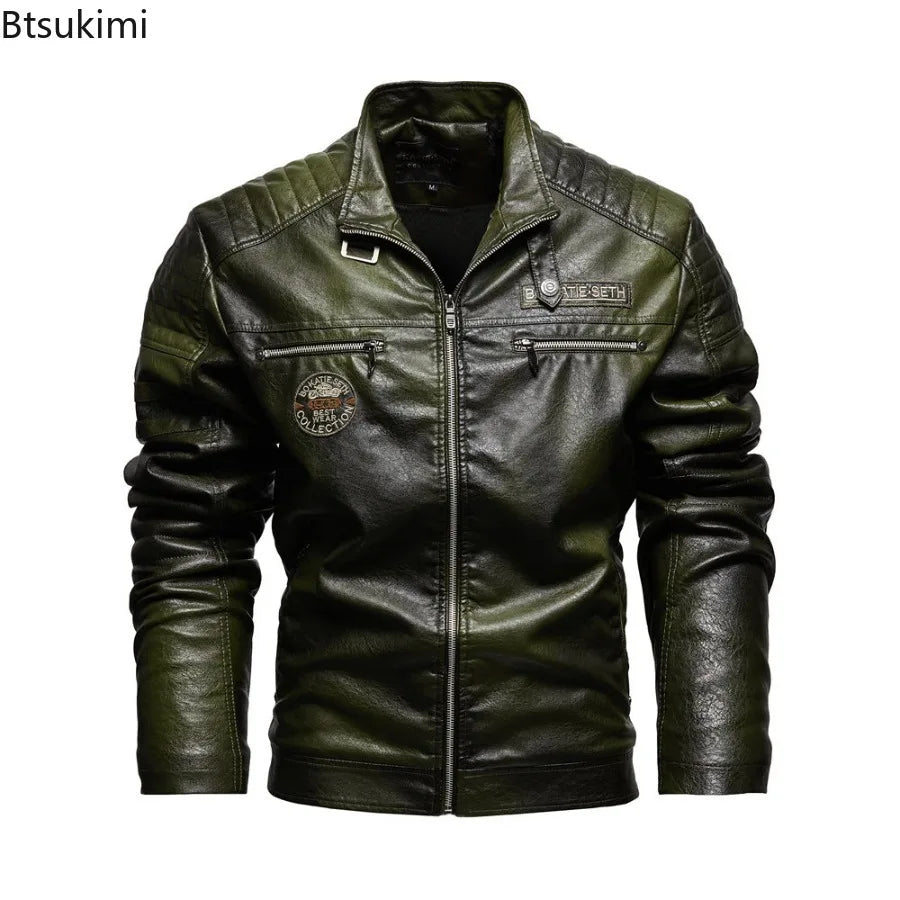 2026 Leather Jackets Men's Autumn Winter Fleece Motorcycle PU Leather Jackets Vintage Casual Stand Collar Windbreaker Slim Coats