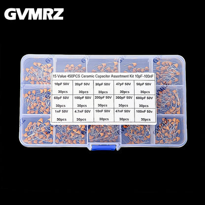 450PCS Monolithic Ceramic Capacitor Kits 10pF - 100NF 50V 10PF 30PF 47PF 56PF 68PF 100PF 200PF 300PF PF 10NF 100NF MLCC with Box