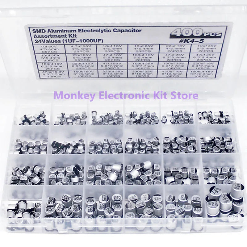 400PCS capacitor kit Aluminum Electrolytic SMD  condensadores electrolíticos 1uF~1000uF 6.3V-50V 24Value with box kit de reparac