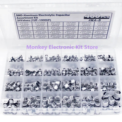 400PCS capacitor kit Aluminum Electrolytic SMD  condensadores electrolíticos 1uF~1000uF 6.3V-50V 24Value with box kit de reparac