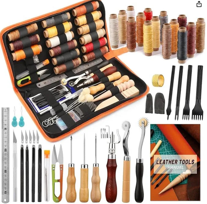 Leather Working Tools Practical Leather Craft Kit with Waxed Thread Groover Awl Stitching Punch Hole for Beginner or Adults Gift