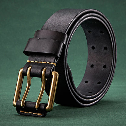 3.8cm Wide Vintage Men's Belt Cowhide Genuine Leather Belt Copper Double Needle Buckle Handmade Jeans Belt Fashion Male Strap