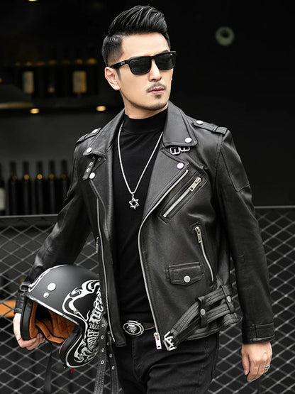 Moto leather jackets Black Leather Biker Jacket Men Zipper Long Sleeve Belt Plus Size European Fashion brand leather jackets