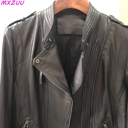 Leather Coat Women Short All-match European Fashion Biker Genuine Sheepskin Black Jackets Zipper Pocket Jaqueta Couro Feminina
