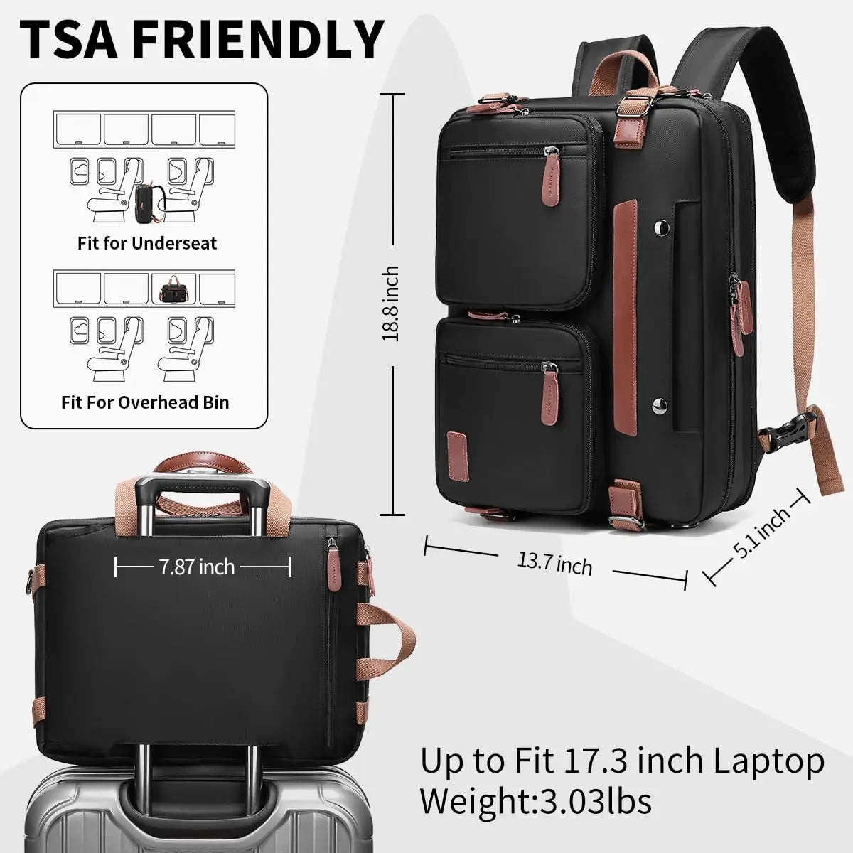 3 in 1 Laptop Bag for Men 17.3 15.6 inch Office Laptop Work Bags Business Backpack Messenger Bag Computer Bags Laptops for Men
