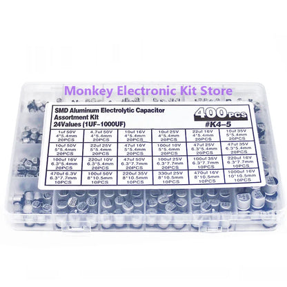 400PCS capacitor kit Aluminum Electrolytic SMD  condensadores electrolíticos 1uF~1000uF 6.3V-50V 24Value with box kit de reparac