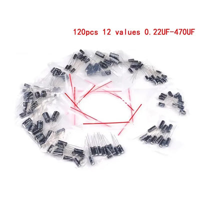 120pcs Electrolytic Capacitor  Aluminum Electrolytic Capacitor Kit 12 Values 1uF-470uF DIP Electrolyte Capacitors