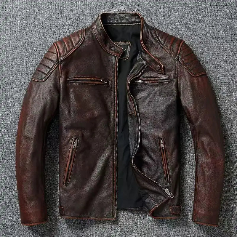 New Vintage Black Leather Jacket Natural Cowhide Men Motorcycle Biker Coat Mens Slim Calf Skin Coat