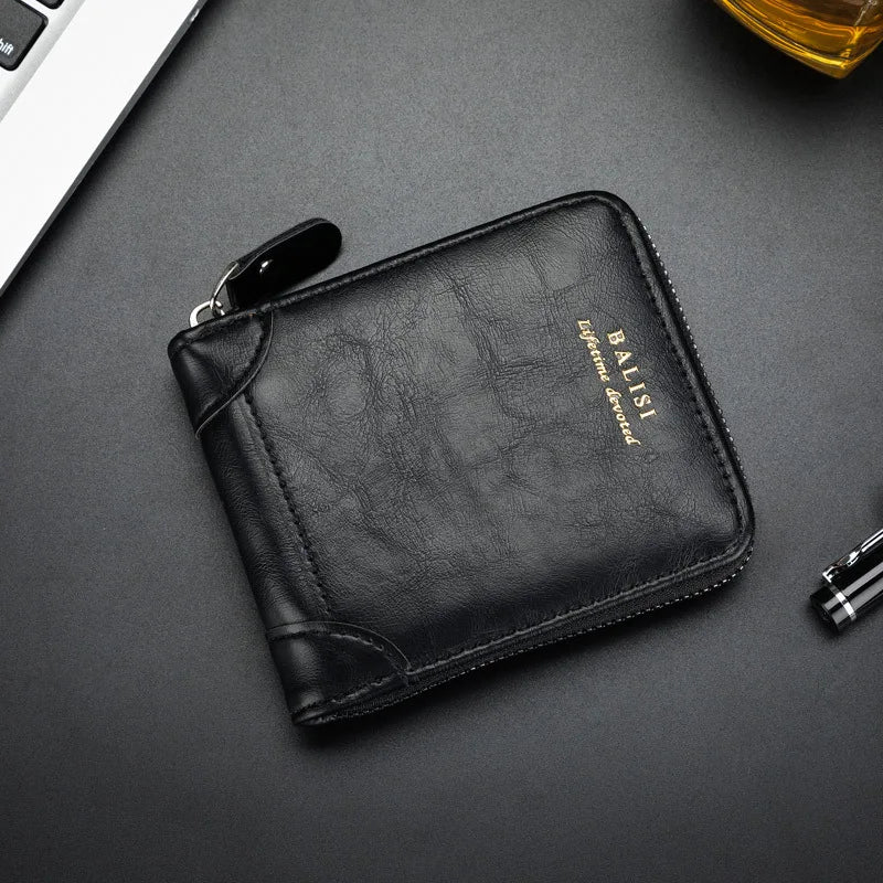New Fashion Men's Wallet PU Leather Purse Zipper Retro Style Short Wallets for Men Card Holders Coin Storage Money Bag