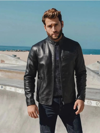 Black Winter Leather Jacket Men Sports Style Plus Size 4XL Genuine Natural Thick Cowhide Stand Collar Slim Fit Leather Coat