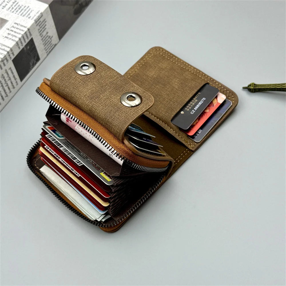 Card Holder Leather Wallet Gift Travel Business Casual Men's Double Buckle Zipper Short Coin Purse Multi-function Money Bags