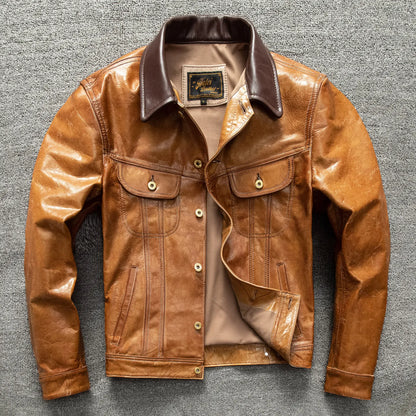Men's First Layer Goatskin Storm Rider Leather Jacket Lapel Short Denim Style Genuine Leather Coat Plus Size