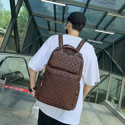 Fashion Plaid Men's Backpack Luxury Travel Backpacks Men Large Capacity Laptop Bags Soft Leather Backbags Student School Bag