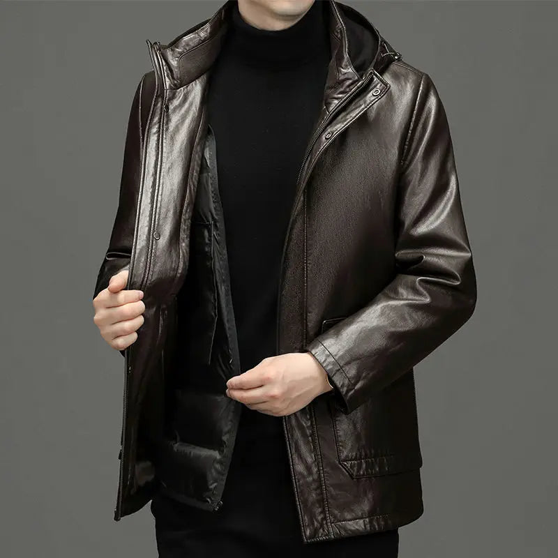 Men's Genuine Leather Jacket Hooded Down Jacket Coat Man Sheepskin Coat Windbreaker Male Winter Puffer Jacket Men Duck Down Coat