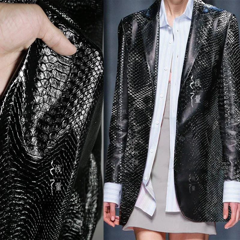Snake Skin Pattern Matte Three-dimensional Heavy Texture PU Black Leather Textile Fabric Coat Clothing Designer Fabric