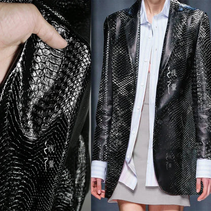 Snake Skin Pattern Matte Three-dimensional Heavy Texture PU Black Leather Textile Fabric Coat Clothing Designer Fabric