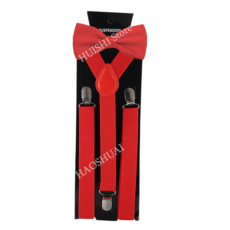 Suspenders Man Bowtie Solid Color Elastic PU Leather Suspenders For Man Belt Adjustable Straps For Wedding Bow Tie Accessories