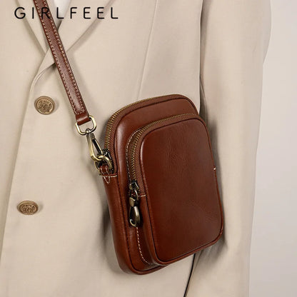 Genuine Leather Handbag for Women 2024 Trend Small Bag Simple Vegetable Tanned Cowhide Mobile Phone Bag Crossbody Shoulder Bag
