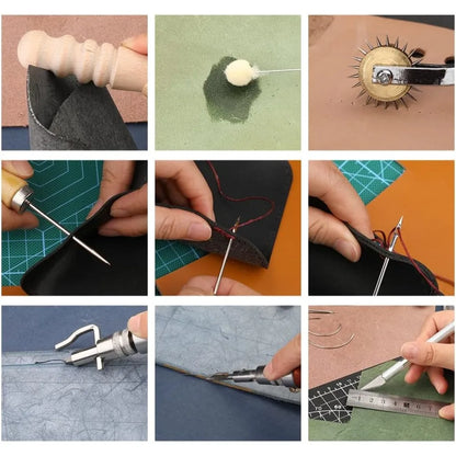 Leather Working Tools Practical Leather Craft Kit with Waxed Thread Groover Awl Stitching Punch Hole for Beginner or Adults Gift