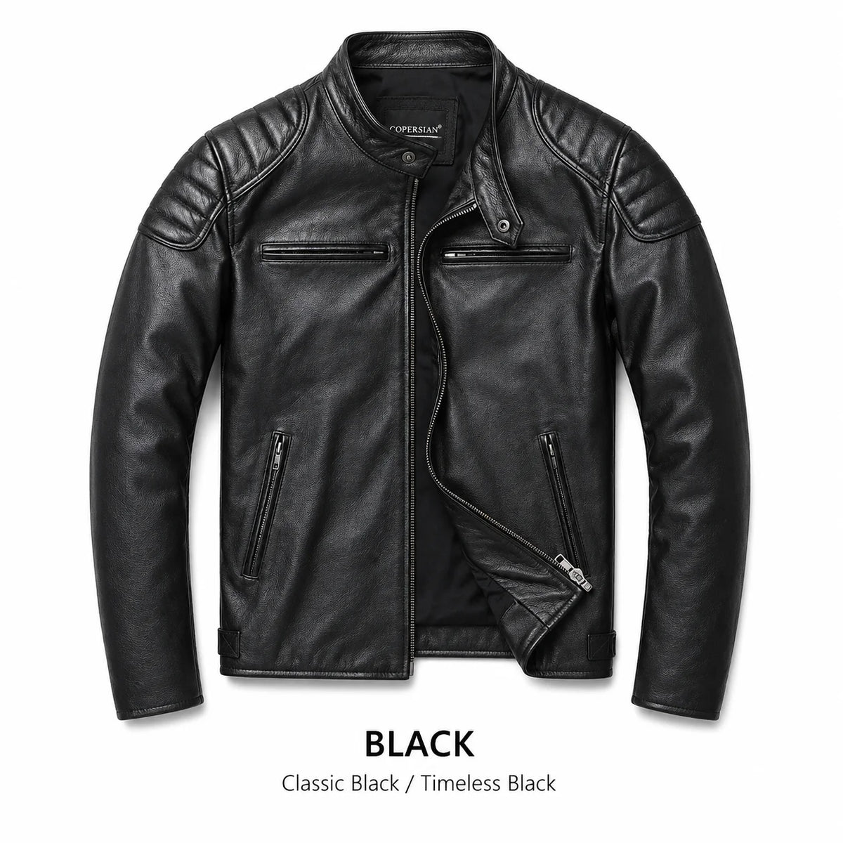 Men's First-Layer Cowhide Leather Jacket Stand Collar Biker Motorcycle Jacket Asymmetrical Zipper Slim Fit