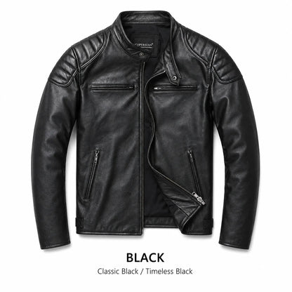 Men's First-Layer Cowhide Leather Jacket Stand Collar Biker Motorcycle Jacket Asymmetrical Zipper Slim Fit