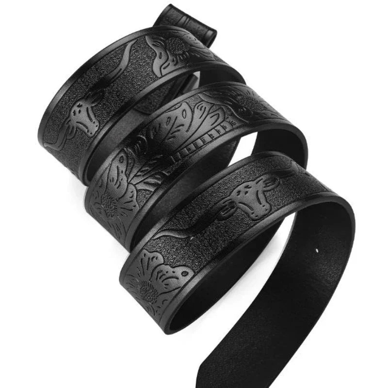 Men Western Cowboy Belt, Black Faux Leather with Embossed Pattern, Stylish Alloy Buckle, Cool Fashion Waist Belt for Daily Wear