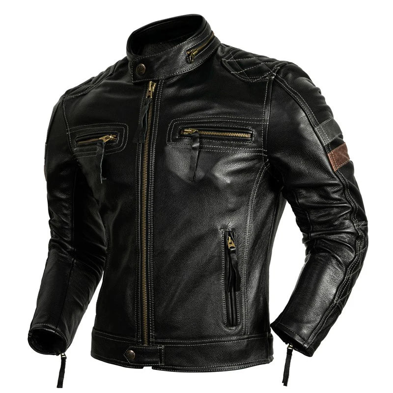 Black Winter Leather Jacket Men Motorcycle Style Plus Size 6XL Genuine Natural Cowhide Stand Collar Add Protection Device Coat