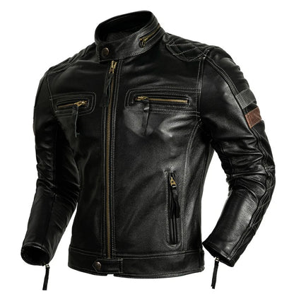 Black Winter Leather Jacket Men Motorcycle Style Plus Size 6XL Genuine Natural Cowhide Stand Collar Add Protection Device Coat