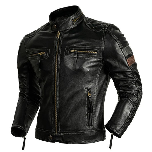 Black Winter Leather Jacket Men Motorcycle Style Plus Size 6XL Genuine Natural Cowhide Stand Collar Add Protection Device Coat