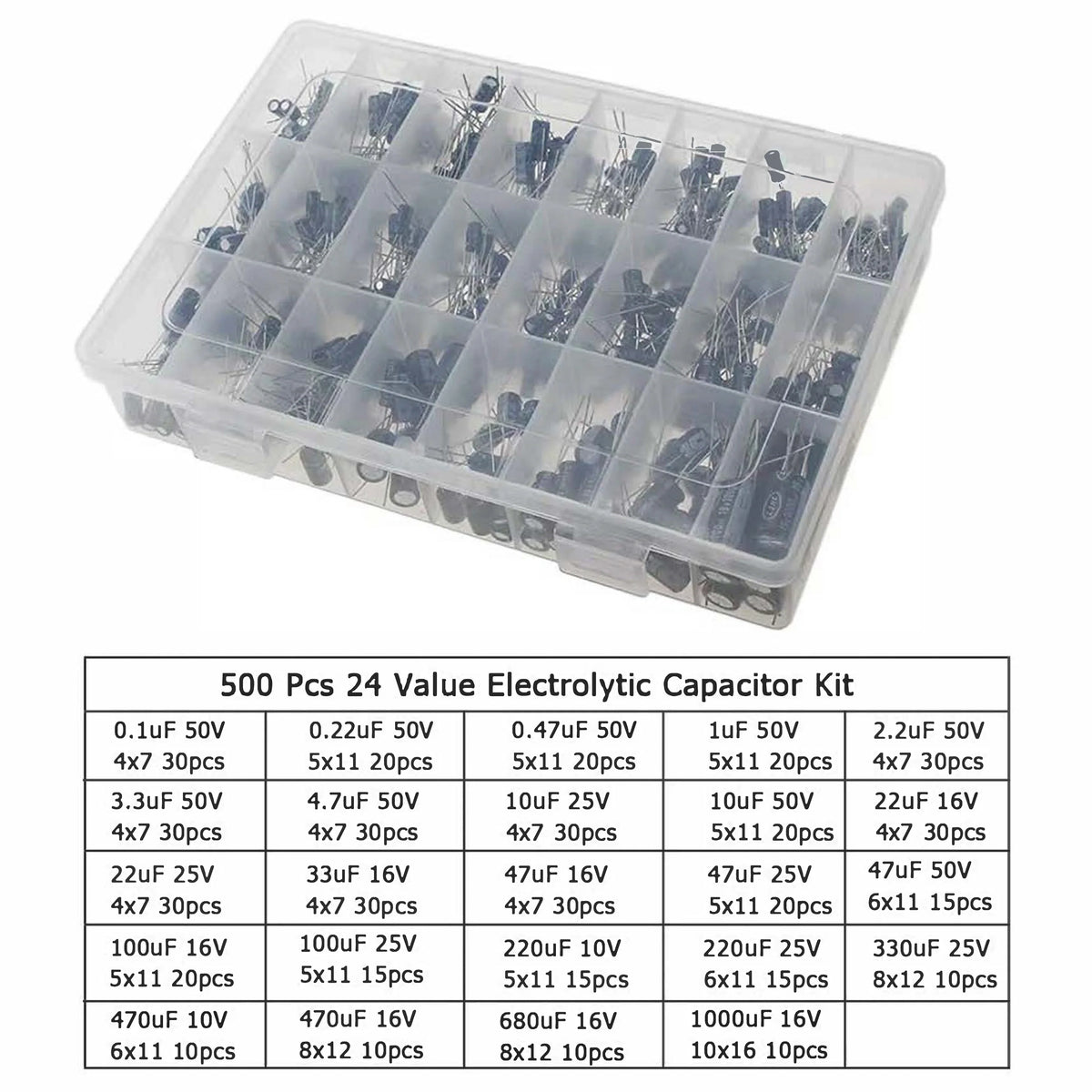 Aluminum Electrolytic Capacitor Assorted Kit 120/200/500PCS Boxed16V/25V/50V  0.1uF-1000uF 1uF 4.7uF 10uF 47uF 220uF 330uF 470uF