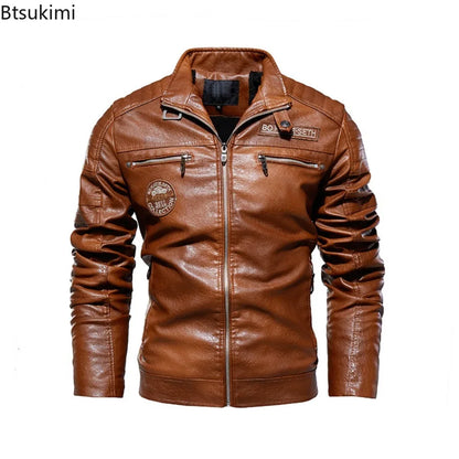 2026 Leather Jackets Men's Autumn Winter Fleece Motorcycle PU Leather Jackets Vintage Casual Stand Collar Windbreaker Slim Coats