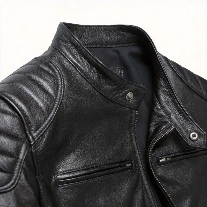 Men's First-Layer Cowhide Leather Jacket Stand Collar Biker Motorcycle Jacket Asymmetrical Zipper Slim Fit