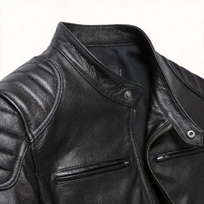Men's First-Layer Cowhide Leather Jacket Stand Collar Biker Motorcycle Jacket Asymmetrical Zipper Slim Fit