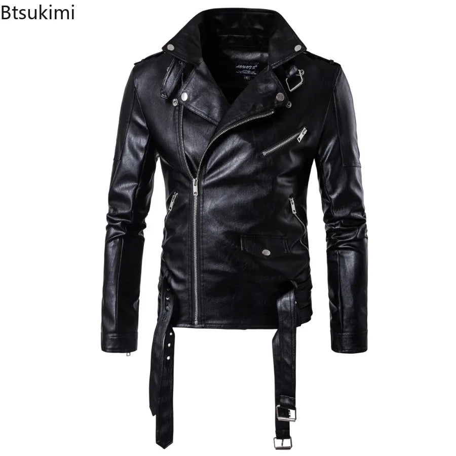 Handsome Motorcycle Leather Jackets for Men British Style Fashion Faux Leather Zipper Coat Casual Streetwear Men Punk PU Jackets