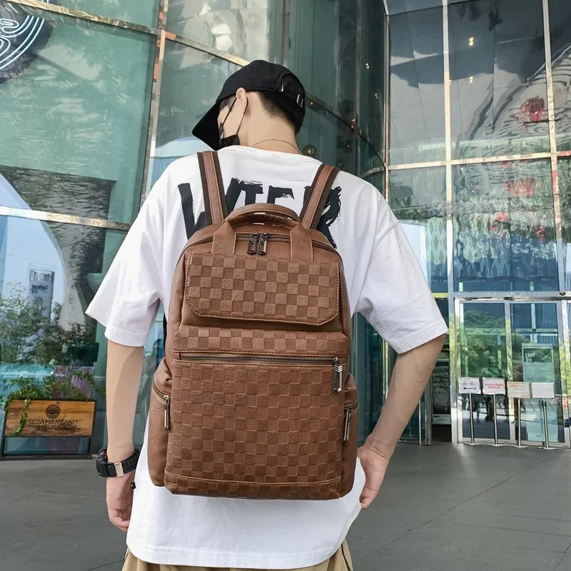Fashion Plaid Men's Backpack Luxury Travel Backpacks Men Large Capacity Laptop Bags Soft Leather Backbags Student School Bag
