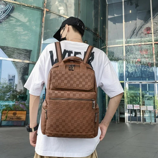 Fashion Plaid Men's Backpack Luxury Travel Backpacks Men Large Capacity Laptop Bags Soft Leather Backbags Student School Bag