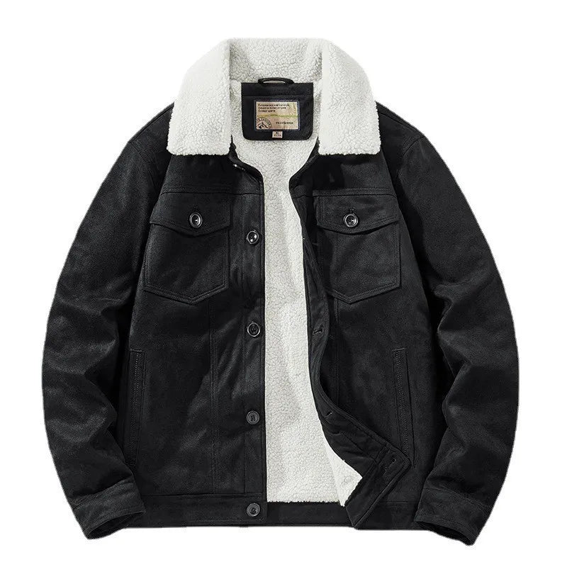 New Winter Men Fleece Warm Suede Leather Jackets Man Multi-pockets Casual Leather Coats Quality Male Fashion Down Jackets Size 4
