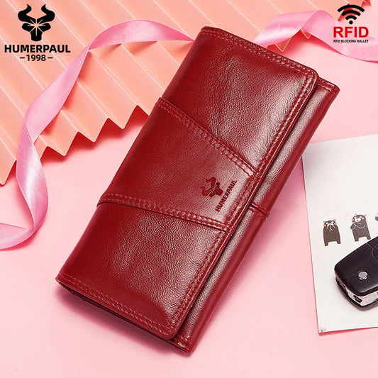 HUMERPAUL Fashion 100% Genuine Leather Women Wallets Long Clutches Wallet For Multifunctional Popular ﻿Casual Money Pocket
