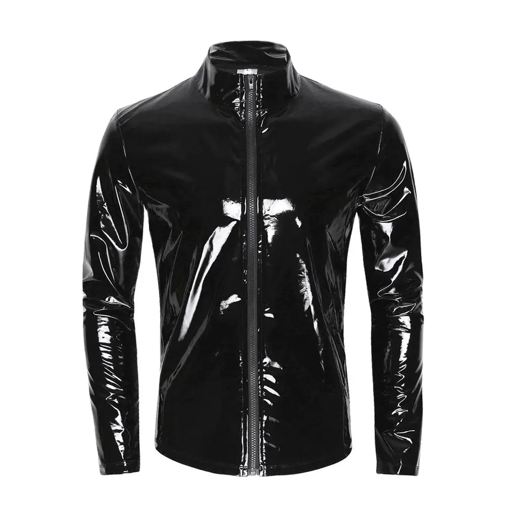 Long Sleeve Wet Look PVC Mens Jackets Coats Shiny PU Leather Tops Tights Sexy Clubwear Windbreaker Streetwear Motorcycle T Shirt