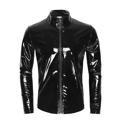 Long Sleeve Wet Look PVC Mens Jackets Coats Shiny PU Leather Tops Tights Sexy Clubwear Windbreaker Streetwear Motorcycle T Shirt