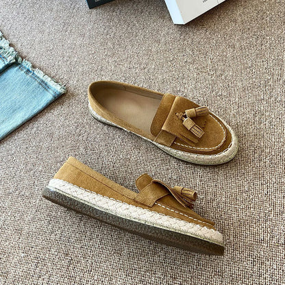 Fashionable Loafers women new high-quality suede leather retro woven comfortable flat shoes women's daily casual single shoes 40